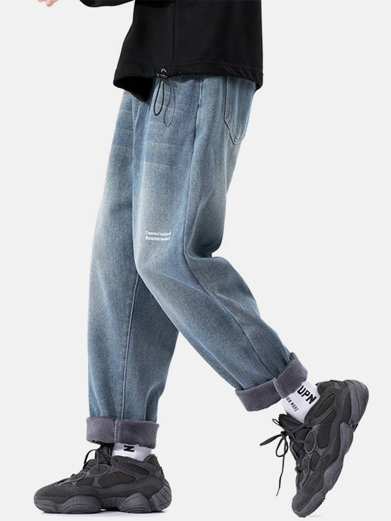 Miesten Thicken Plus Velvet Distressed Rento Löysät Lämpimät Farkut