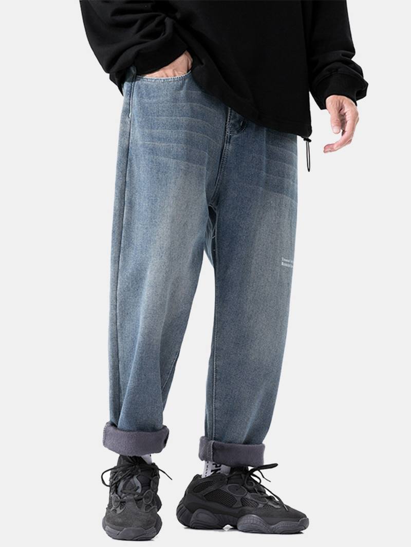 Miesten Thicken Plus Velvet Distressed Rento Löysät Lämpimät Farkut