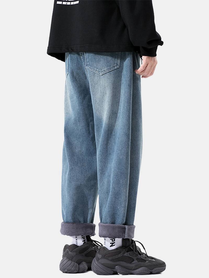Miesten Thicken Plus Velvet Distressed Rento Löysät Lämpimät Farkut
