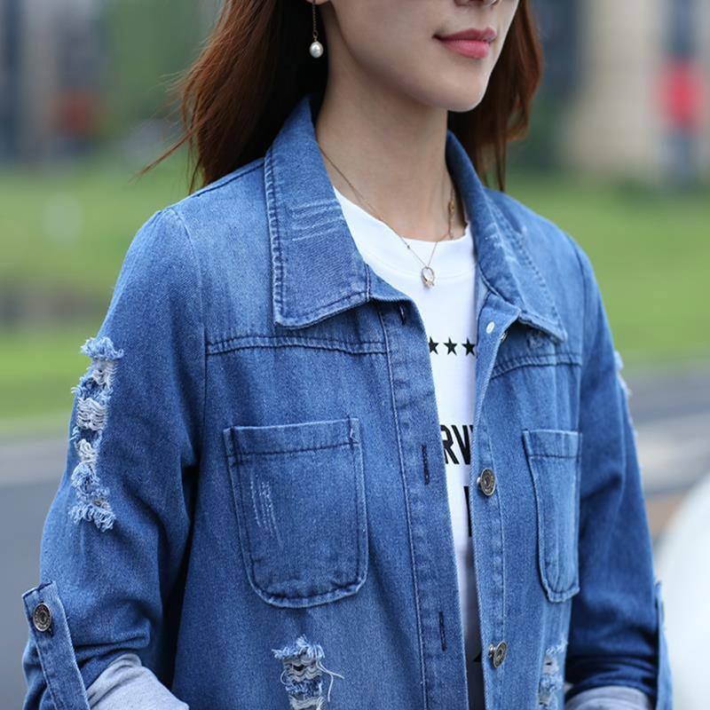 Basic Pitkät Farkut Takit Naisten Ohut Revitty Farkkutakki Femme Elegantti Vintage Rispaantuvat Takit Ulkovaatteet Casacos Feminino