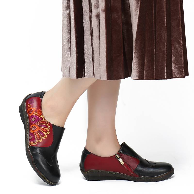 Retro Splicing Flower Pattern Aitoa Nahkaa Sivuvetoketjulla Vapaat Litteät Kengät