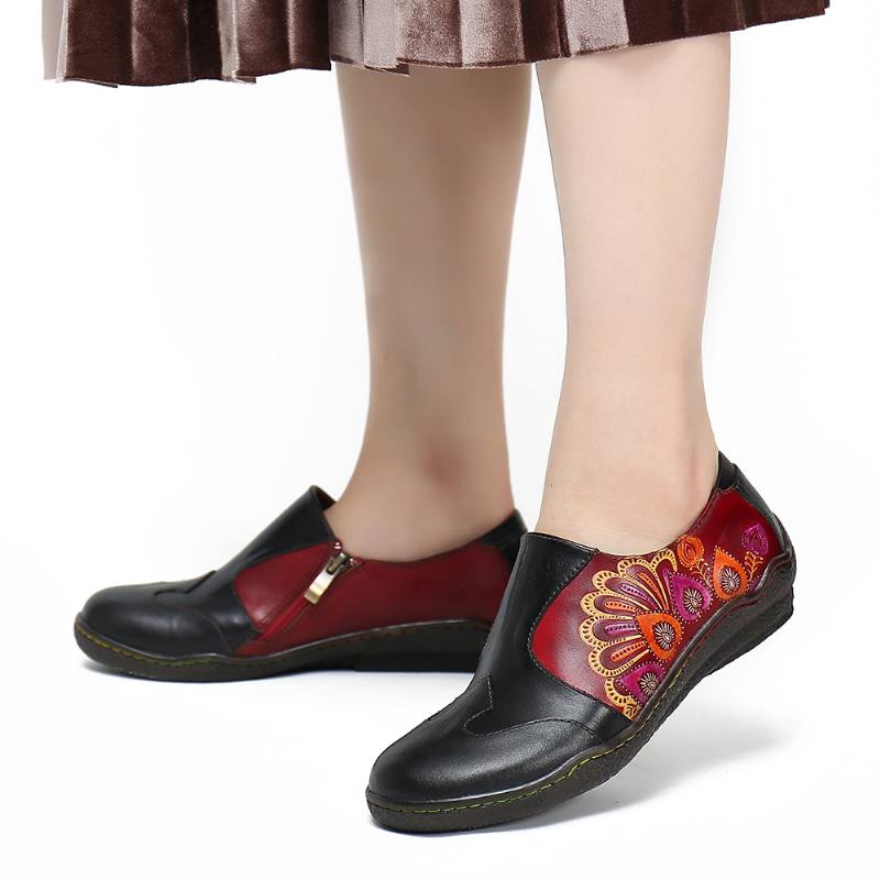 Retro Splicing Flower Pattern Aitoa Nahkaa Sivuvetoketjulla Vapaat Litteät Kengät