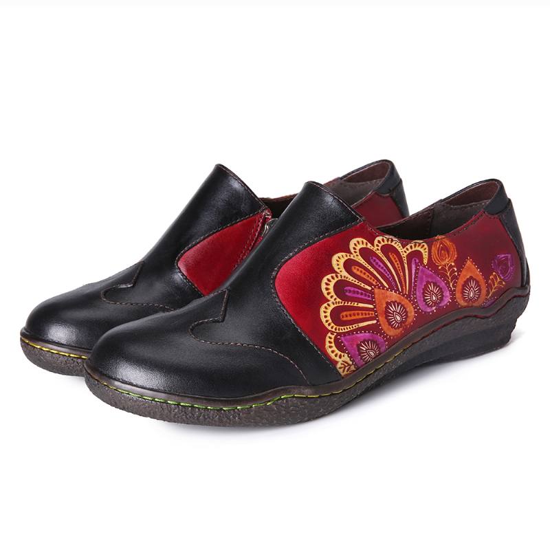 Retro Splicing Flower Pattern Aitoa Nahkaa Sivuvetoketjulla Vapaat Litteät Kengät